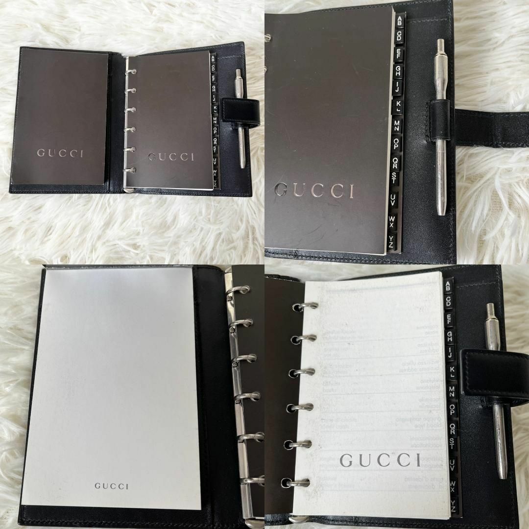 Gucci(グッチ)の㉜グッチ ６穴式 リング シルバー金具 システム手帳 スケジュール帳 レザー 黒 メンズのファッション小物(手帳)の商品写真