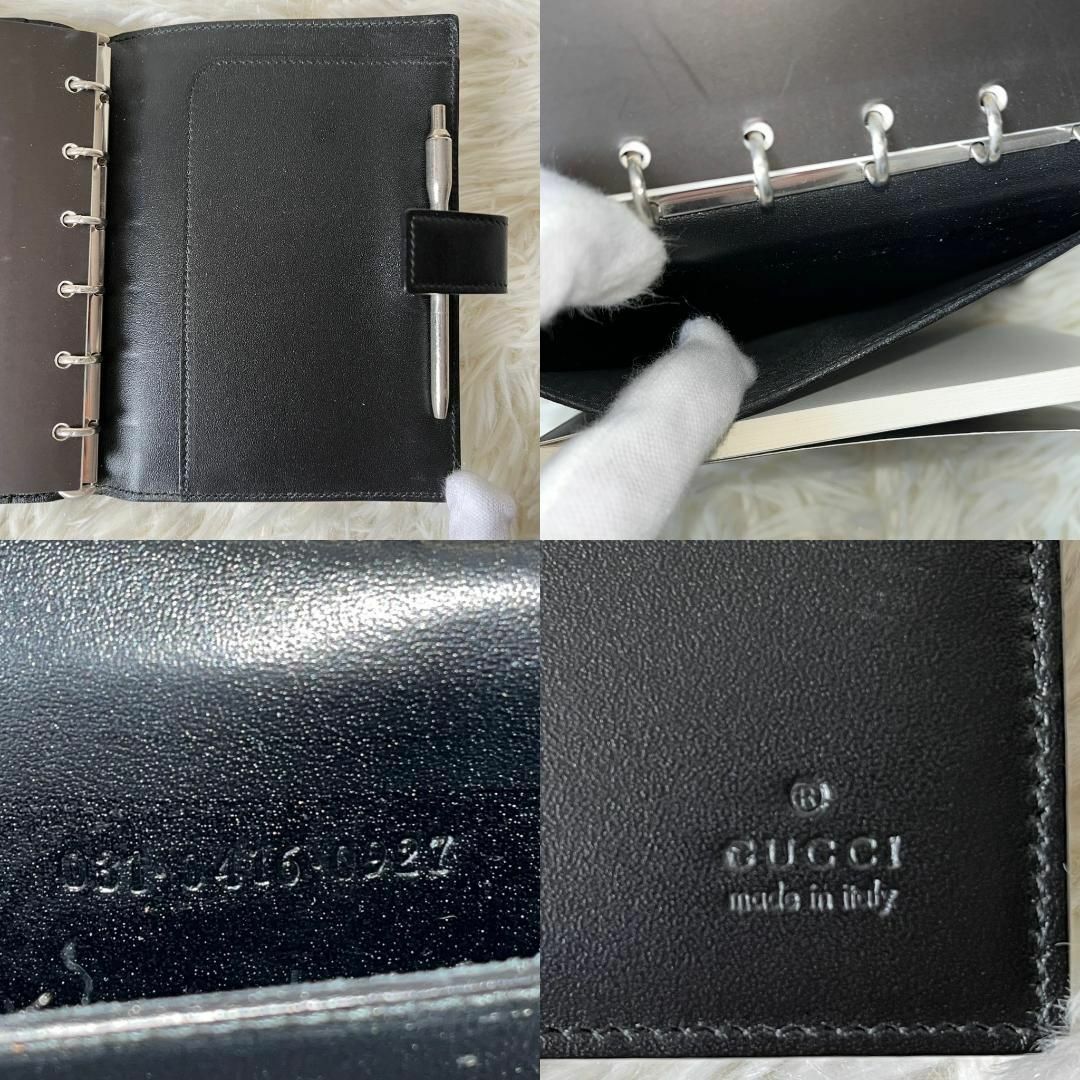 Gucci(グッチ)の㉜グッチ ６穴式 リング シルバー金具 システム手帳 スケジュール帳 レザー 黒 メンズのファッション小物(手帳)の商品写真