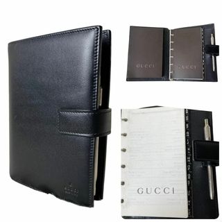 グッチ(Gucci)の㉜グッチ ６穴式 リング シルバー金具 システム手帳 スケジュール帳 レザー 黒(手帳)