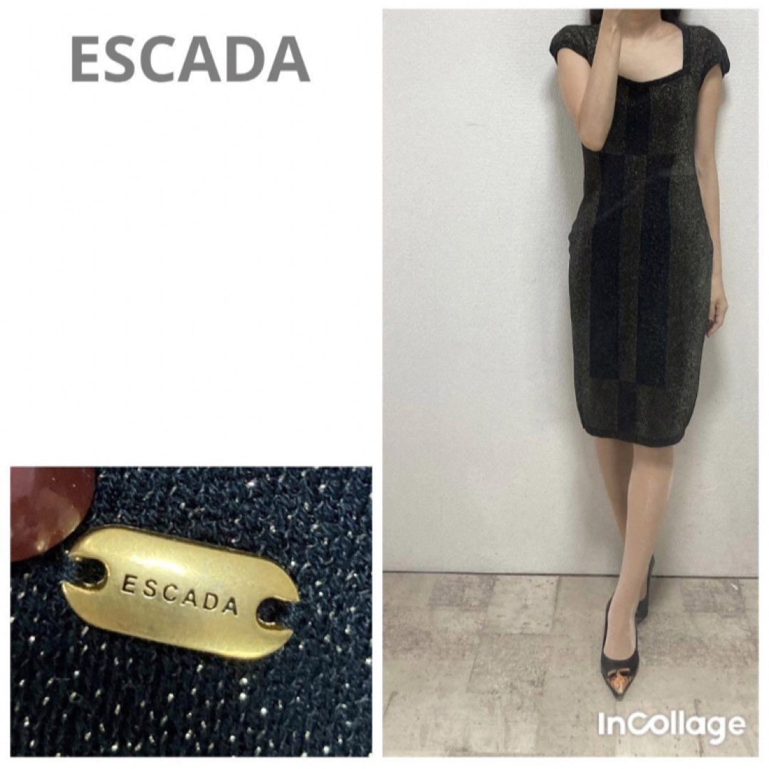 ESCADA(エスカーダ)の美品エスカーダ　ロゴプレート付デコルテ開きラメニットタイトワンピースXSブラック レディースのワンピース(ひざ丈ワンピース)の商品写真