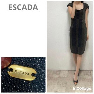 エスカーダ(ESCADA)の美品エスカーダ　ロゴプレート付デコルテ開きラメニットタイトワンピースXSブラック(ひざ丈ワンピース)