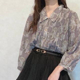 古着　レトロ　総柄　プリーツ　柄シャツ　ブラウス