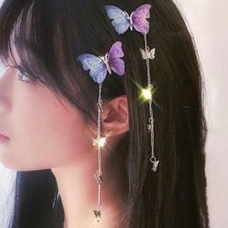 ヘアクリップ　2個　バタフライ　ブルー　パープル　韓国　蝶々　アクセサリー(ヘアピン)