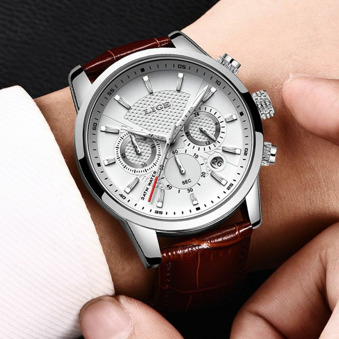 [新品]LIGE社製 クロノグラフ ダイバーズ 腕時計 ブラウン レザーM メンズの時計(腕時計(アナログ))の商品写真