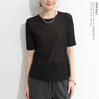 シアーTシャツ　ブラック　クルーネック　五分袖(Tシャツ(半袖/袖なし))