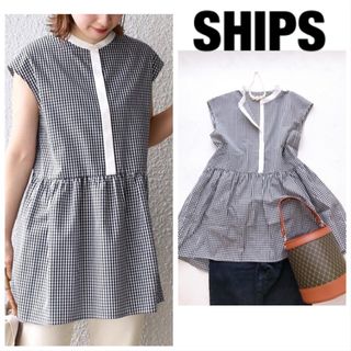 シップス(SHIPS)の美品　SHIPS  ペプラムブロードブラウス　ギンガムチェック　ノースリーブ(シャツ/ブラウス(半袖/袖なし))