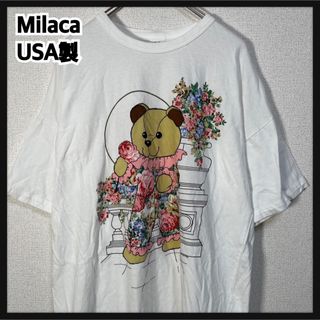 【アニマル】USA製Tシャツ　クマ　ベアー　花柄　ぬいぐるみ　白Tロング71(Tシャツ/カットソー(半袖/袖なし))