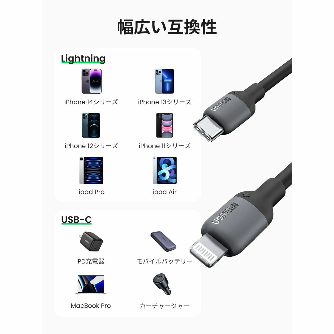 【サイズ:1m_色:ブラック】UGREEN usb-c lightningケーブ スマホ/家電/カメラのPC/タブレット(PC周辺機器)の商品写真