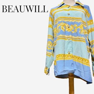 【大人気◎】BEAUWILL スカーフ柄オープンカラーシャツ ブルー 総柄(シャツ/ブラウス(長袖/七分))