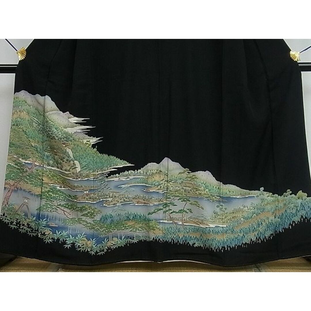 平和屋1■豪華黒留袖　友禅　流水風景文　逸品　CAAC5721ut レディースの水着/浴衣(着物)の商品写真