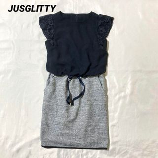 ジャスグリッティー(JUSGLITTY)のジャスグリッティー★ツイードドッキングワンピース　レースシフォンフレンチスリーブ(ひざ丈ワンピース)