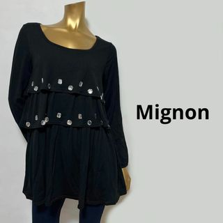 【3392】Mignon ビジュー フリル トップス M(カットソー(長袖/七分))