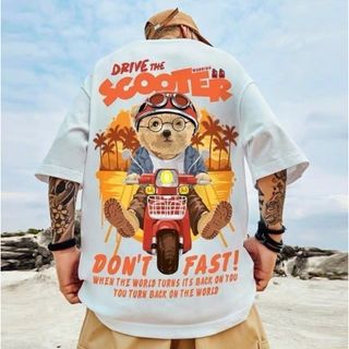 【新作入荷】ビッグシルエット Tシャツ 半袖 クマ 白 XL バックプリント(Tシャツ/カットソー(半袖/袖なし))