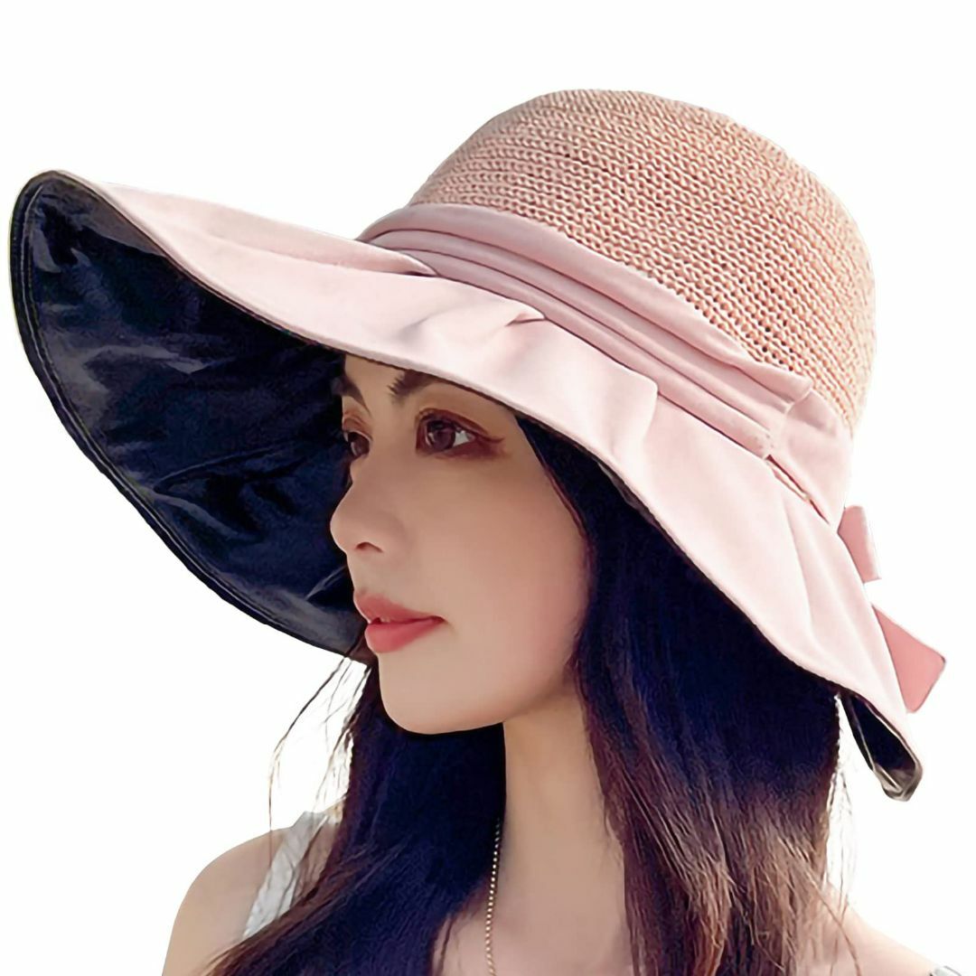 【色: ピンク】[PULCREO] レディース 麦わら帽子 UVカット つば広  レディースのファッション小物(その他)の商品写真