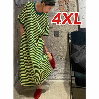 aロングワンピース・ボーダー ワンピース・ルームウェア・部屋着・緑x黄 4XL(ルームウェア)