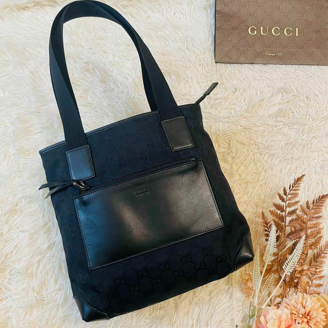 Gucci(グッチ)の極美品＊GUCCI トート ハンドバッグ ggキャンバス 肩掛 レザー ブラック レディースのバッグ(トートバッグ)の商品写真