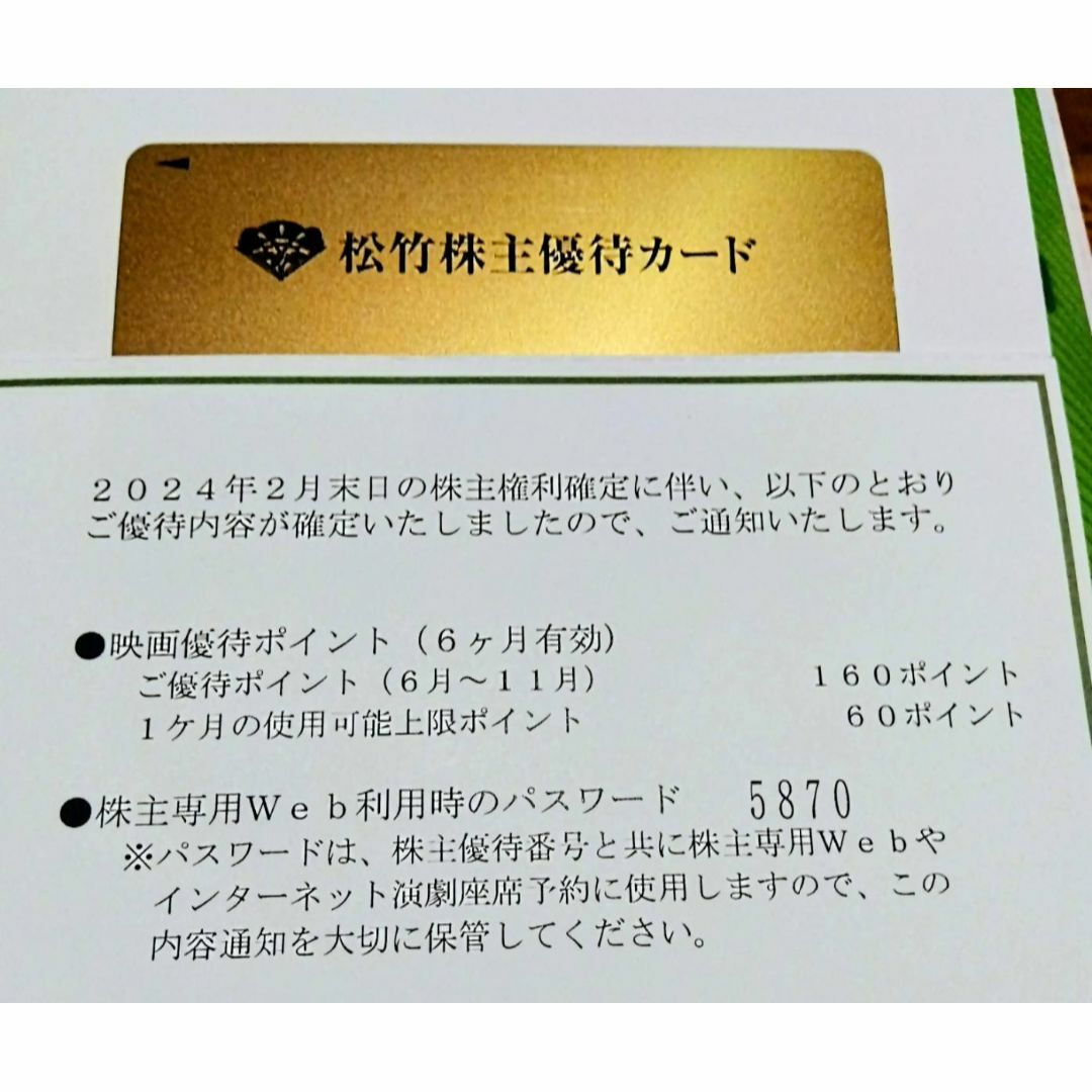 松竹　株主優待カード 160P　男性名義　11月末まで　返送不要 チケットの映画(その他)の商品写真