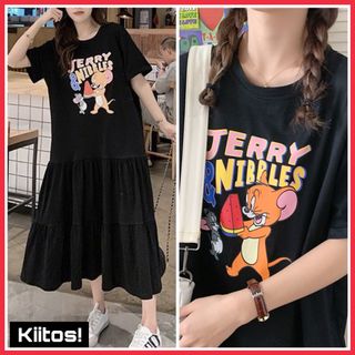 トムとジェリー Tシャツ ワンピース フリル ミドル丈 韓国 ブラック フリー(ロングワンピース/マキシワンピース)