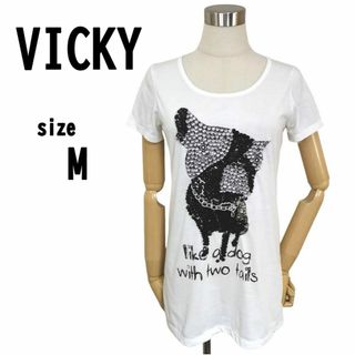 【M(2)】VICKY ビッキー レディース ビジュー装飾付き Tシャツ 半袖(Tシャツ(半袖/袖なし))