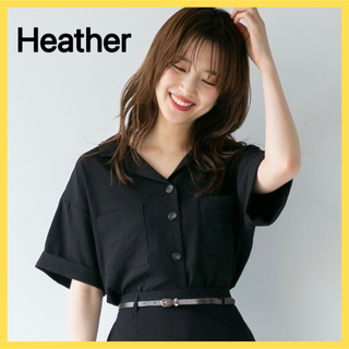 heather - Heather ヘザー リネンライクカイキンシャツ 半袖 レディース ブラック