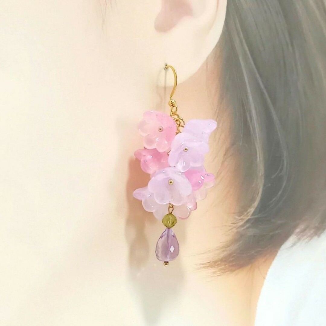 限定1点◆14kgf◆美しい硝子のお花と輝くピンクアメジストのピアス／イヤリング ハンドメイドのアクセサリー(ピアス)の商品写真