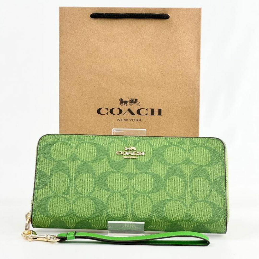 【COACH】アウトレット コーチ ラウンドジップ シグネチャー 長財布 緑 レディースのファッション小物(財布)の商品写真