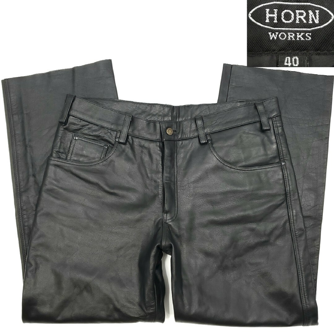 HORN WORKS(ホーンワークス)の超ビッグサイズW40◆HORN WORKS◆バッファローレザーパンツ黒 789 自動車/バイクのバイク(装備/装具)の商品写真