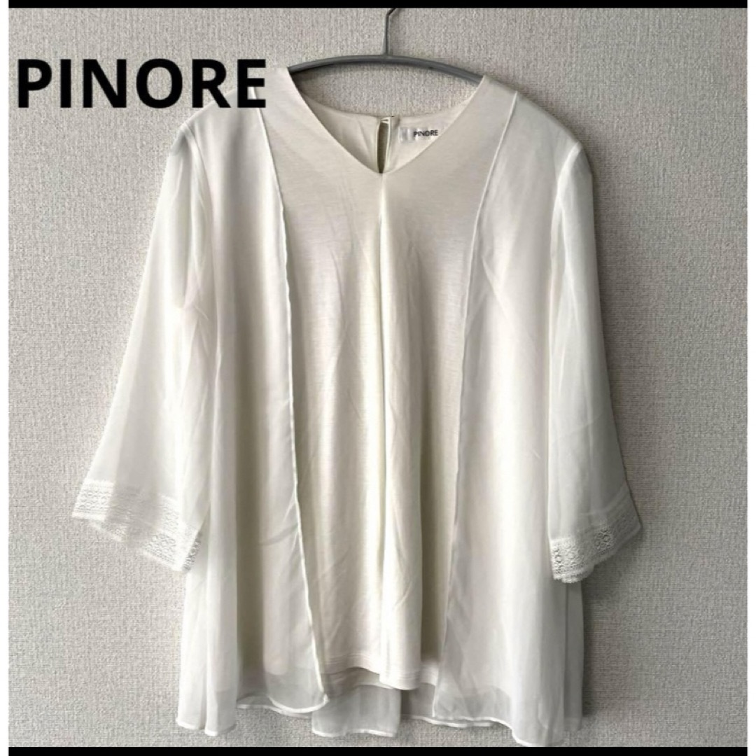 PINOLE(ピノーレ)のPINORE  シアーホワイトトップス　レース七分袖 レディースのトップス(シャツ/ブラウス(長袖/七分))の商品写真