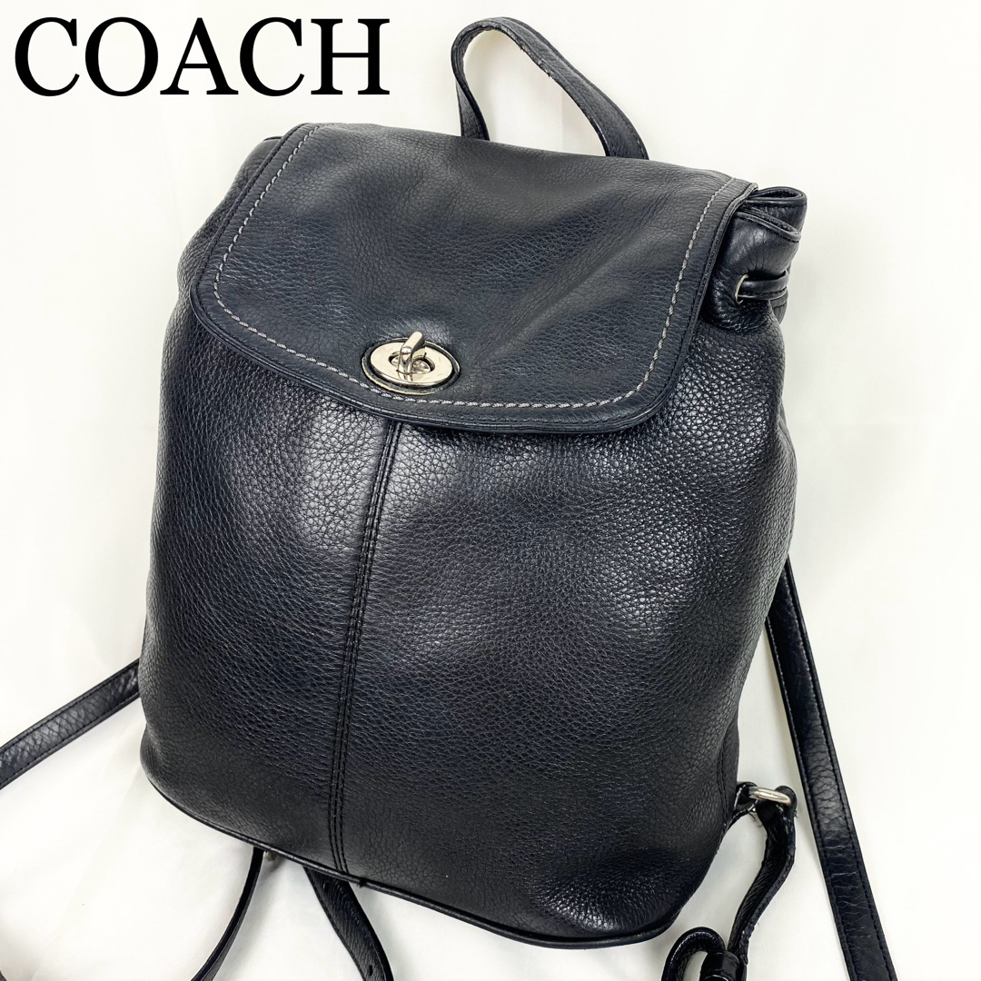 COACH(コーチ)のCOACH リュック　ターンロック　レザー　巾着型　ネイビー　シルバー金具 レディースのバッグ(リュック/バックパック)の商品写真