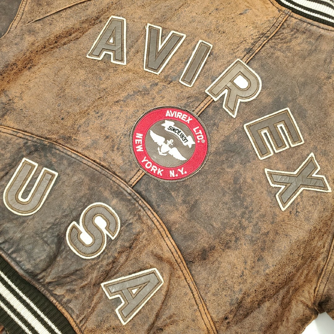 AVIREX(アヴィレックス)の背面ビッグロゴ◆AVIREX◆日本サイズXL位オールレザースタジャン表記S791 メンズのジャケット/アウター(スタジャン)の商品写真