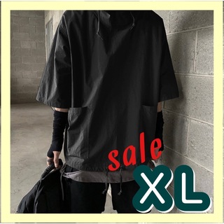 【sale】 ビックサイズ　Tシャツ　メンズ　モード　黒　フード付き　韓国(Tシャツ/カットソー(七分/長袖))