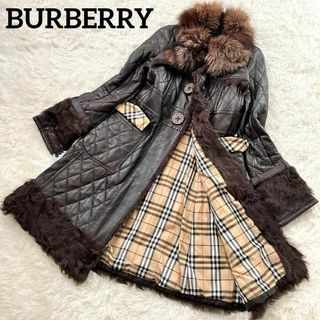 バーバリーブルーレーベル(BURBERRY BLUE LABEL)の美品BURBERRYフォックスファーラムレザーロングコート38ブラウン(ロングコート)