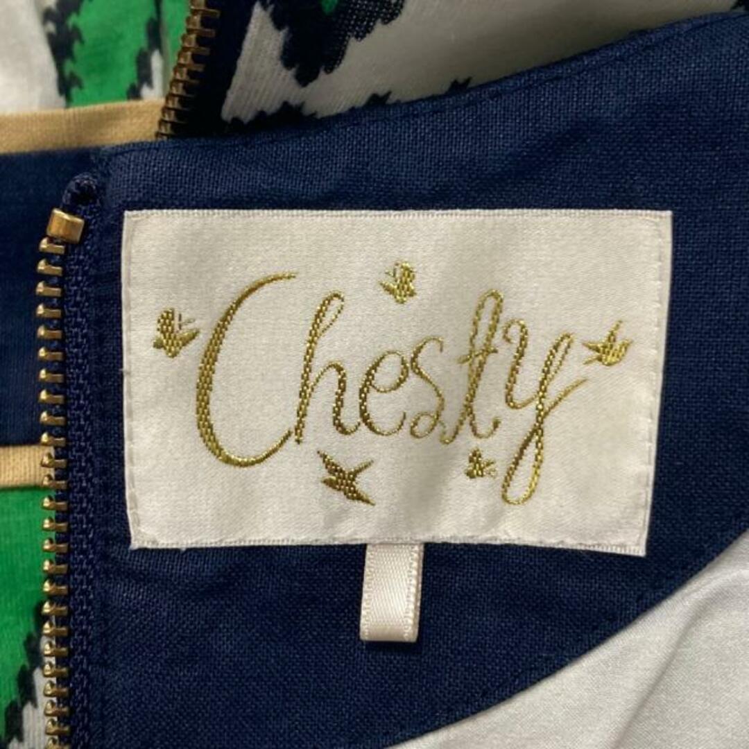 Chesty(チェスティ)のChesty(チェスティ) ワンピース サイズ1 S レディース - アイボリー×グリーン×ダークネイビー Vネック/ノースリーブ/ひざ丈/スタッズ レディースのワンピース(その他)の商品写真