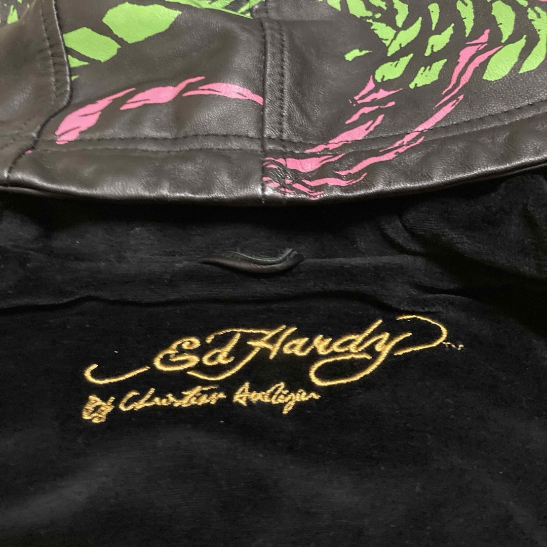 Ed Hardy(エドハーディー)のエドハーディ　レザー　ジャケット　スカル　刺繍　プリント　大きめS メンズのジャケット/アウター(レザージャケット)の商品写真