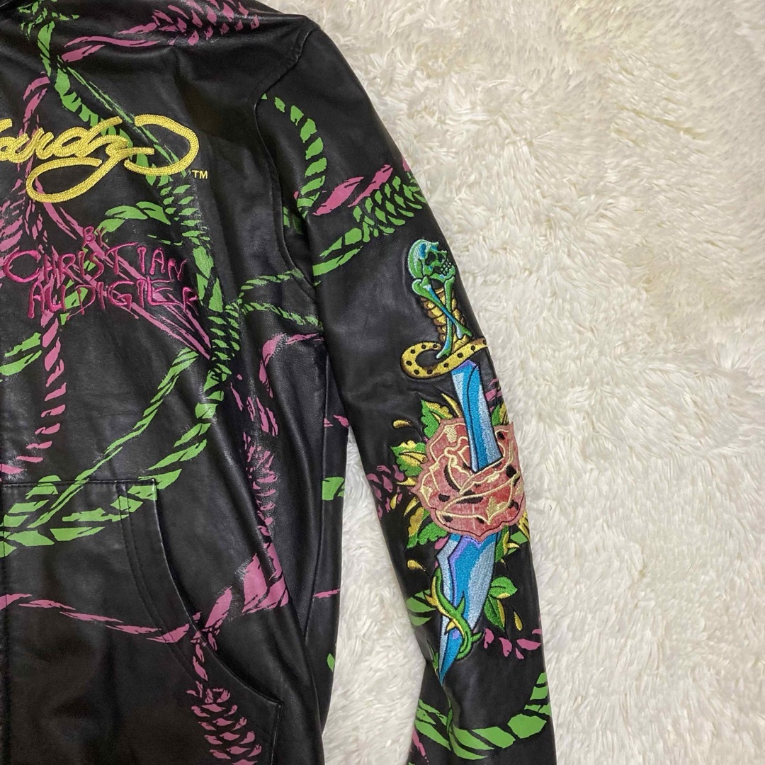 Ed Hardy(エドハーディー)のエドハーディ　レザー　ジャケット　スカル　刺繍　プリント　大きめS メンズのジャケット/アウター(レザージャケット)の商品写真