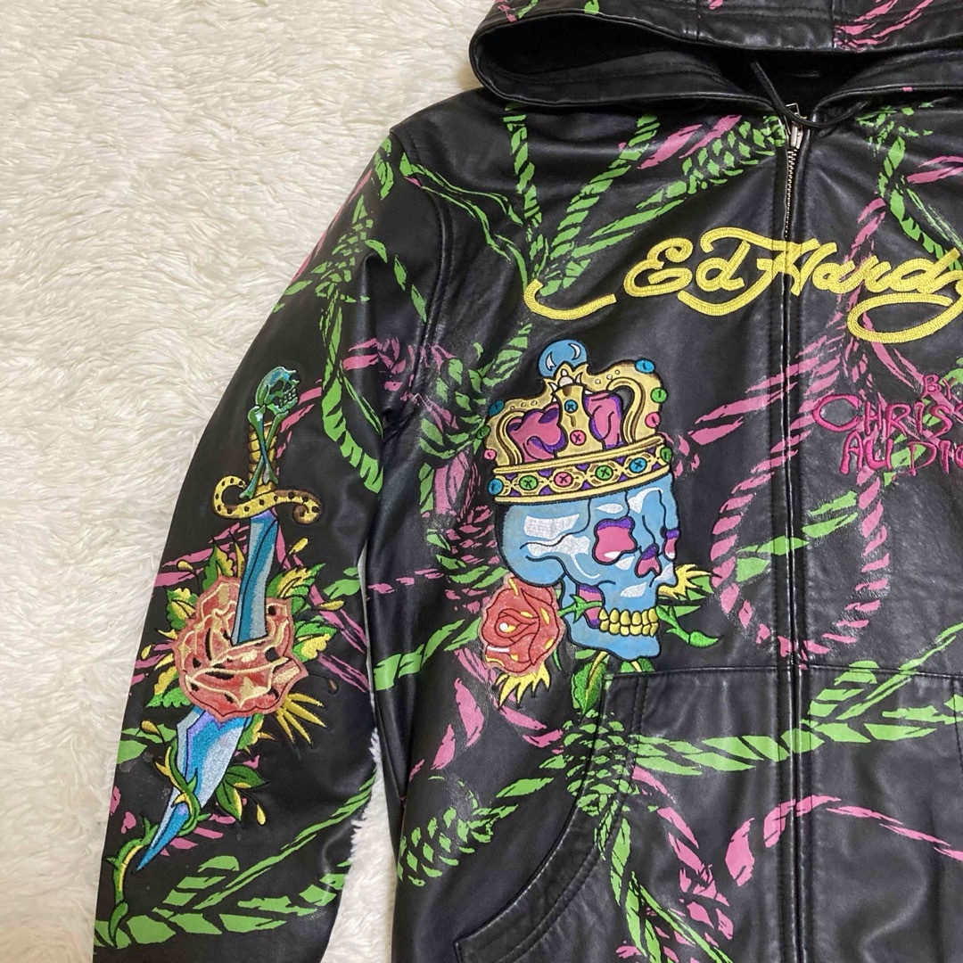 Ed Hardy - エドハーディ レザー ジャケット スカル 刺繍 Ed Hardy - エドハーディ レザー ジャケット スカル 刺繍