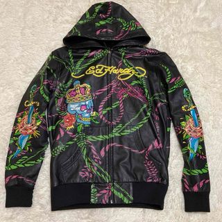 Ed Hardy - エドハーディ　レザー　ジャケット　スカル　刺繍　プリント　大きめS