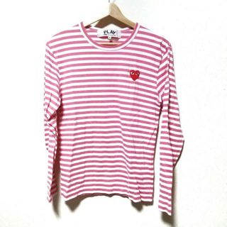 PLAY COMMEdesGARCONS(プレイコムデギャルソン) 長袖Tシャツ サイズS レディース美品  - 白×ピンク クルーネック/ボーダー/刺繍(Tシャツ(長袖/七分))