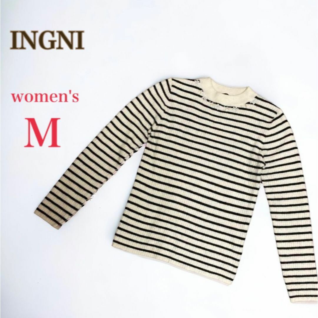 INGNI(イング)のINGNI イング　パール ビジュー ハイネック ニット トップス　M　ボーダー レディースのトップス(ニット/セーター)の商品写真