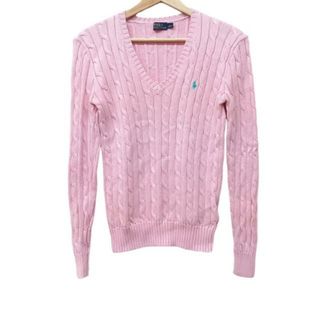 ポロラルフローレン(POLO RALPH LAUREN)のPOLObyRalphLauren(ポロラルフローレン) 長袖セーター サイズS レディース美品  - ライトピンク×ブルーグリーン Vネック/刺繍(ニット/セーター)