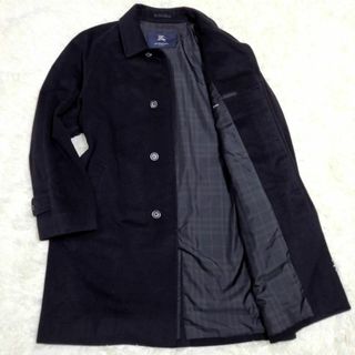 バーバリー(BURBERRY)の極美品 XL バーバリー カシミヤ アンゴラ 羊毛 コート 黒 シャドーチェック(ステンカラーコート)