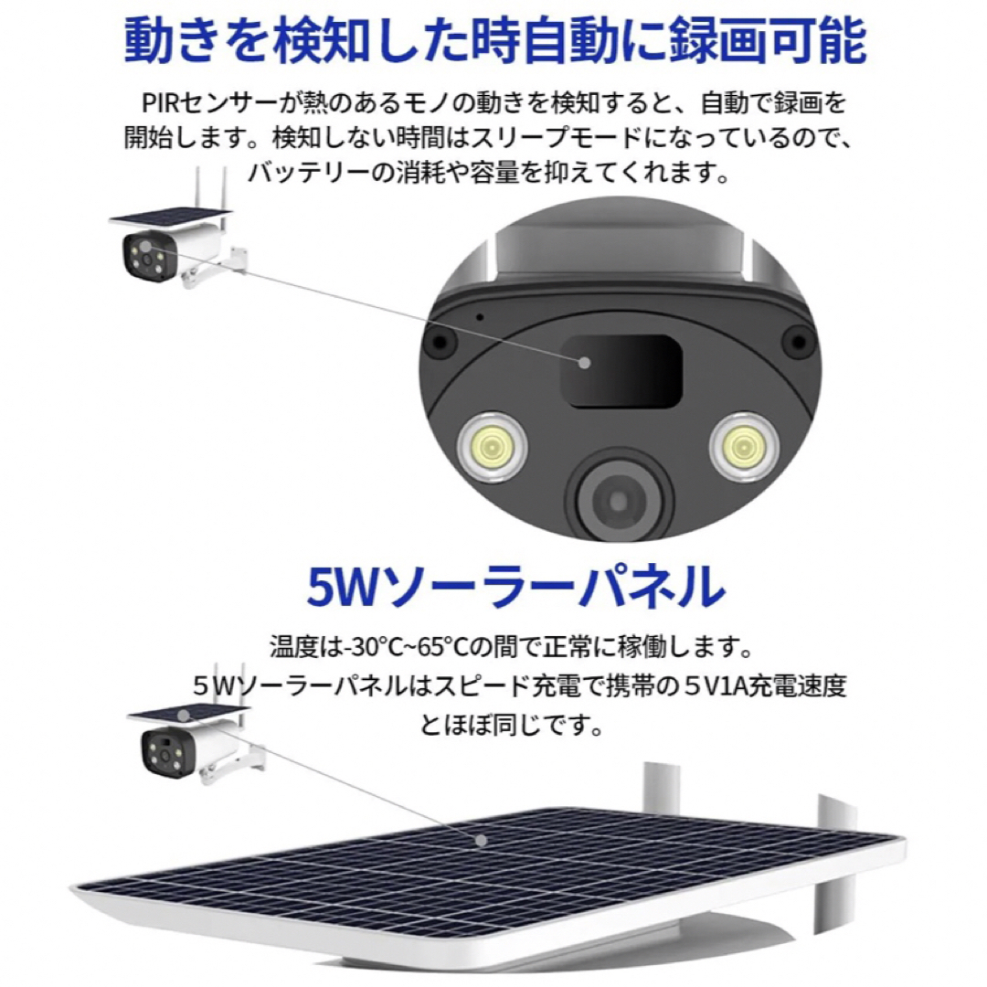 G02【完全無線・太陽光給電】電池式４枚10400mAh ソーラー式防犯カメラ 自動車/バイクの自動車(車内アクセサリ)の商品写真