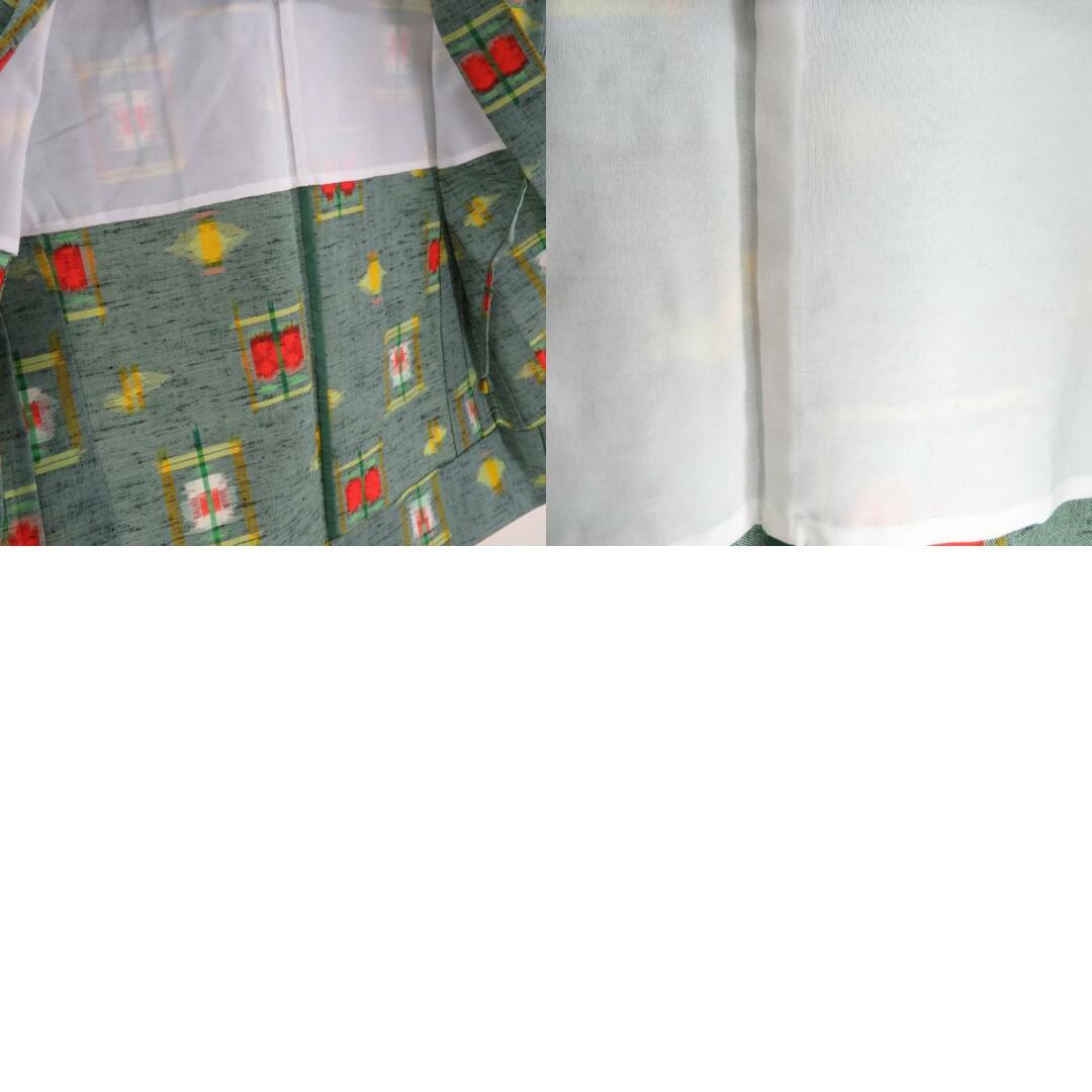 ウール着物 アンサンブル 羽織セット 遠州椿 単衣 青緑色 織り文様 バチ衿 カジュアルきもの 仕立て上がり 身丈157cm レディースの水着/浴衣(着物)の商品写真