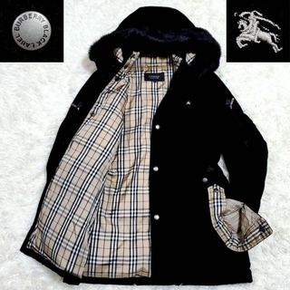 バーバリーブラックレーベル(BURBERRY BLACK LABEL)の美品 M バーバリーブラックレーベル ベロア ダウン コート 黒 ファー フード(ダウンジャケット)