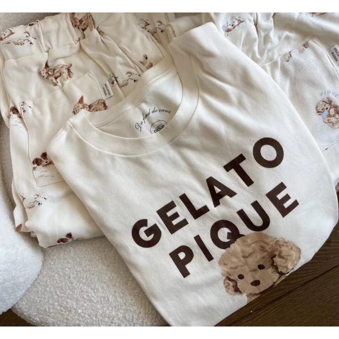gelato pique(ジェラートピケ)の新品　ジェラートピケ　犬　ドッグ　上下　セットアップ　半袖　長ズボン　白　アイス レディースのルームウェア/パジャマ(ルームウェア)の商品写真
