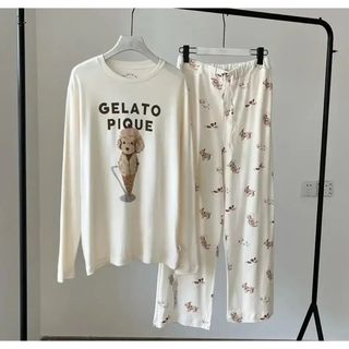 ジェラートピケ(gelato pique)の新品　ジェラートピケ　犬　ドッグ　上下　セットアップ　半袖　長ズボン　白　アイス(ルームウェア)