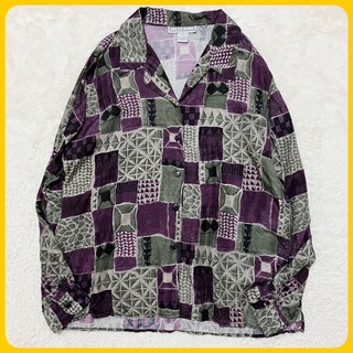 vintage シルク100％ 総柄 オープンカラー ワイシャツ 長袖 デザイン(シャツ)