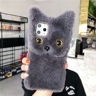 iPhoneケース 猫 可愛い ふわふわ iPhone15 スマホカバー グレー(iPhoneケース)