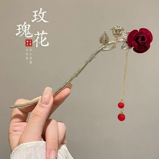 かんざし薔薇ゴールド揺れるシンプル大人中華風チャイナ花まとめ髪和装洋装夜会巻き赤