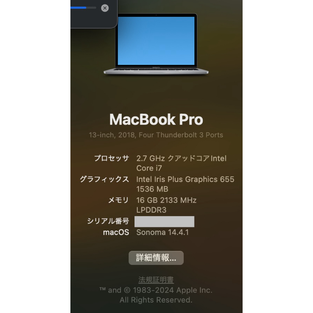 Apple(アップル)の【中古】Apple MacBook Pro 13インチ 2018 USキーボード スマホ/家電/カメラのPC/タブレット(ノートPC)の商品写真
